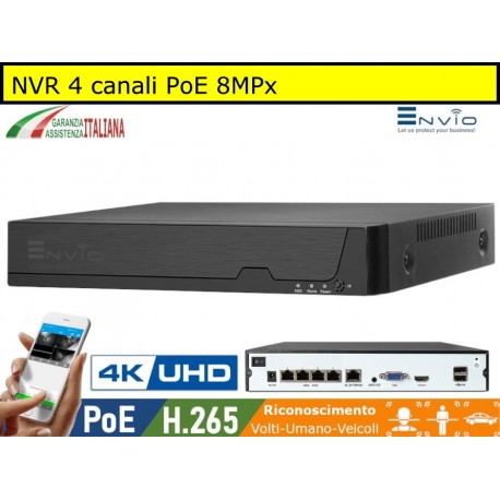 xMeye - NVR POE 4 canali 4K ULTRA HD 8 MegaPixel, compatibile Onvif, h.265, AI, P2P, Cloud, Videosorveglianza IP, VideoAnalisi