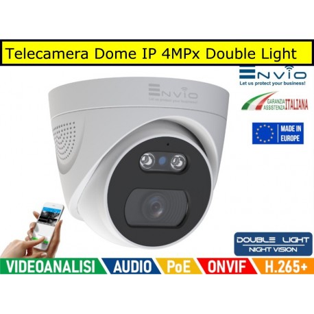 Telecamera Dome IP 4MPx POE Double Light, Onvif, H265+, Visione notturna a colori, Analisi video