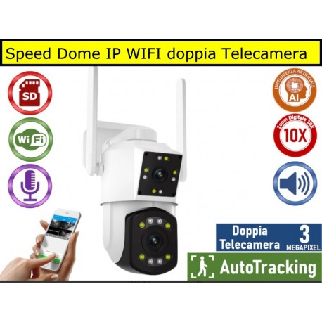 Speed Dome Motorizzata IP WIFI con doppia Telecamera Digitale 3MPx Zoom 10x, registra su SD card,IP66, Audio bidirezionale