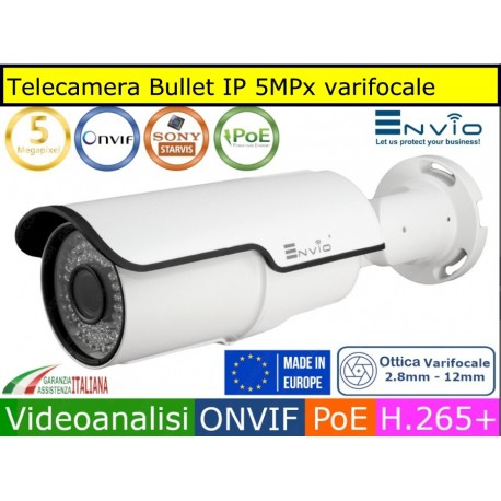 Telecamera Bullet IP 5MPx varifocale 2.8 ~ 12mm, 42 Led 40 mt, Onvif, Videoanalisi, Human Detect, IP66