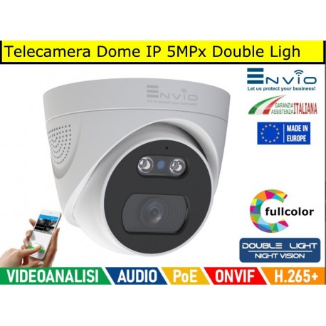 Telecamera Dome IP 5MPx POE,Double Light Visione notturna a colori, Led 20 mt, Onvif, Videoanalisi, Human Detect, IP65