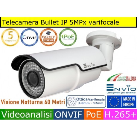 Telecamera Bullet IP 5MPx varifocale 2.8 ~ 12mm, 72 Led 60 mt, Onvif, Videoanalisi, Human Detect, IP66