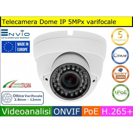 Telecamera Dome IP 5MPx varifocale 2.8 ~ 12mm, POE, 36 Led 30 mt, Onvif, Videoanalisi, Human Detect, IP66