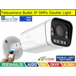 Telecamera Bullet IP 5MPx Double Light, POE, Onvif, H265+, Led 40 mt, visione notturna a colori, videoanalisi