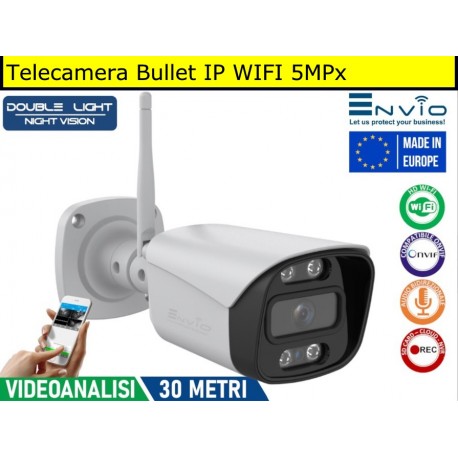 Telecamera Bullet IP 5MPx WIFI Double Light, POE, Onvif, H265+, Led 30 mt, visione notturna a colori, videoanalisi