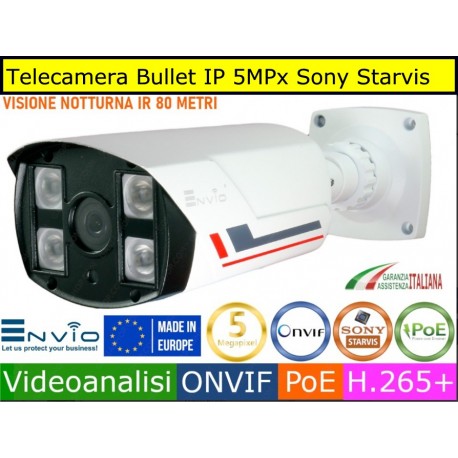 Telecamera Bullet IP 5MPx Sony Starvis IMX335, ottica 4mm, POE, Onvif, H265+, Led 80 mt, IP66, videoanalisi