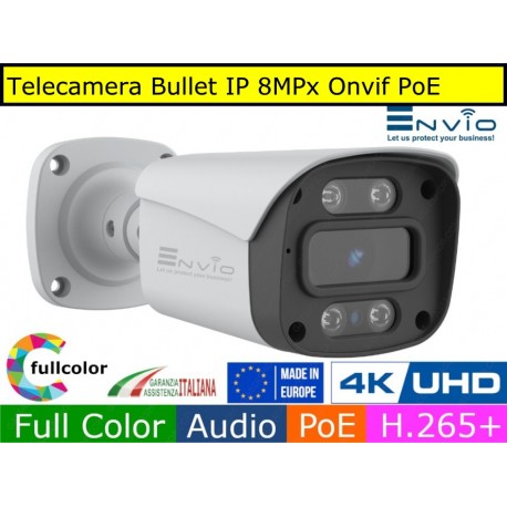 Telecamera Bullet IP 8MPx, led 30mt Full Color, 4K Ultra HD, POE, Onvif, H.265+. Visione notturna a colori, Analisi Video