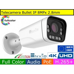 Telecamera Bullet IP 8MPx, led 40mt, Full Color, 4K Ultra HD, POE, Onvif, H.265+. Visione notturna a colori, Analisi Video