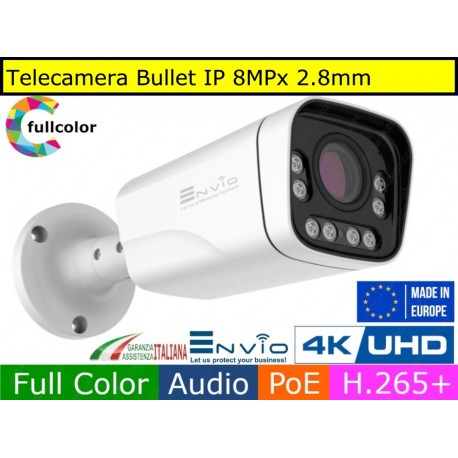 Telecamera Bullet IP 8MPx, led 40mt, Full Color, 4K Ultra HD, POE, Onvif, H.265+. Visione notturna a colori, Analisi Video