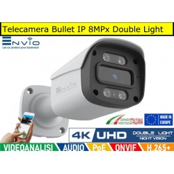 Telecamera Bullet IP 8MPx Double light, led 30mt, 4K Ultra HD, POE, Onvif, H.265+. Visione notturna a colori, Analisi Video
