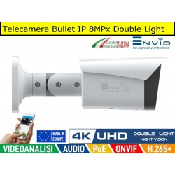 Telecamera Bullet IP 8MPx Double light, led 40mt, 4K Ultra HD, POE, Onvif, H.265+. Visione notturna a colori, Analisi Video