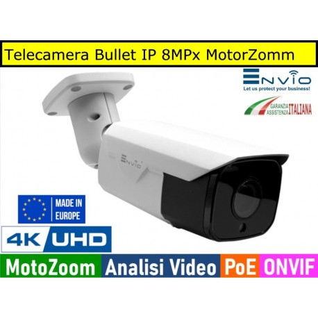 Telecamera Bullet IP 8MPx Ottica Motorizzata, led 60mt, 4K Ultra HD, POE, Onvif, H.265+, Analisi Video