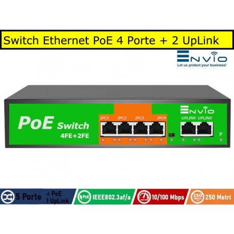 Switch POE 4 Porte POE + 2 Uplink 100Mbps IEEE 802.3AF RJ45 per IP Cam