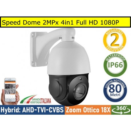 Speed Dome 2MPx 1080P Sensore Sony, 3in1 AHD TVI CVBS, PTZ, Zoom ottico 18x, IP66 Led 80mt