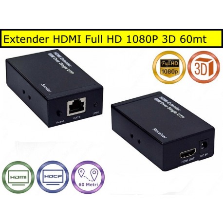 Extender HDMI Full HD 1080P 3D 60mt su cavo Lan RJ45