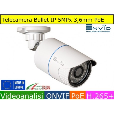 Telecamera Bullet IP 5MPx ottica 3.6mm, Onvif, POE, H.265++, IP66, Videoanalisi  megapixel videoanalisi onvif poe h.265+