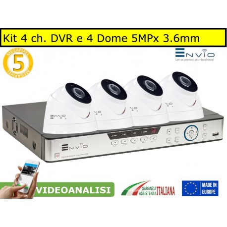 Kit 4 ch. 5MPx AHD DVR e 4 telecamere dome 3.6mm 5MPx basic