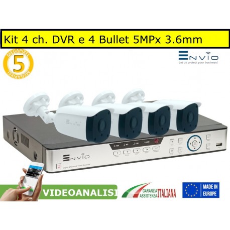 Kit 4 ch. 5MPx AHD DVR e 4 telecamere bullet 3.6mm 5MPx basic