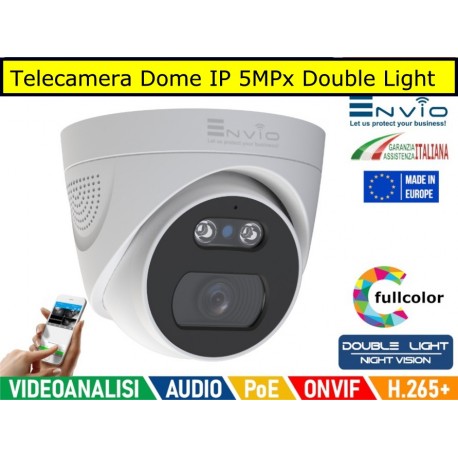 Telecamera Dome IP Double Light Full color 5MPx POE, Onvif, h.265+, visione notturna a colori su allarme, analisi video
