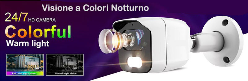 Kit videosorveglianza full color 8 canali 4 telecamere bullet 3.6mm 2MPx colore notturno con video analisi e facciale