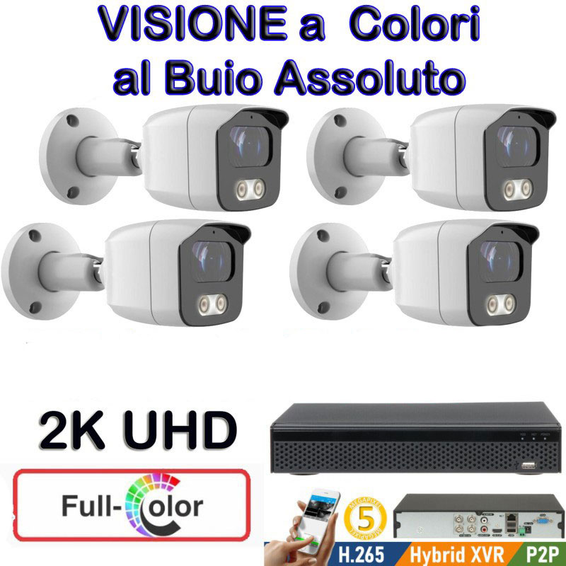 Kit videosorveglianza full color 4 canali 4 telecamere bullet 3.6mm 2MPx colore notturno con video analisi e facciale
